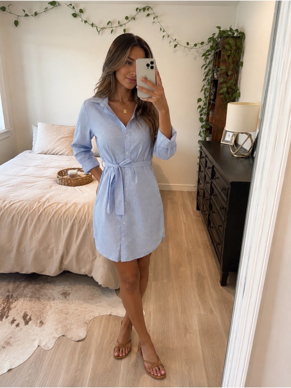 Source Unknown Light Blue Striped Shirt Mini Dress with Waist Tie